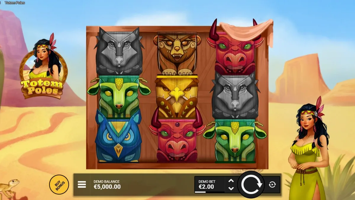 Totem Poles slot machine interface com símbolos de animais e totens