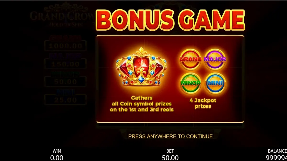 Interface do jogo 3x3 Grand Crown com símbolos de frutas e coroa dourada